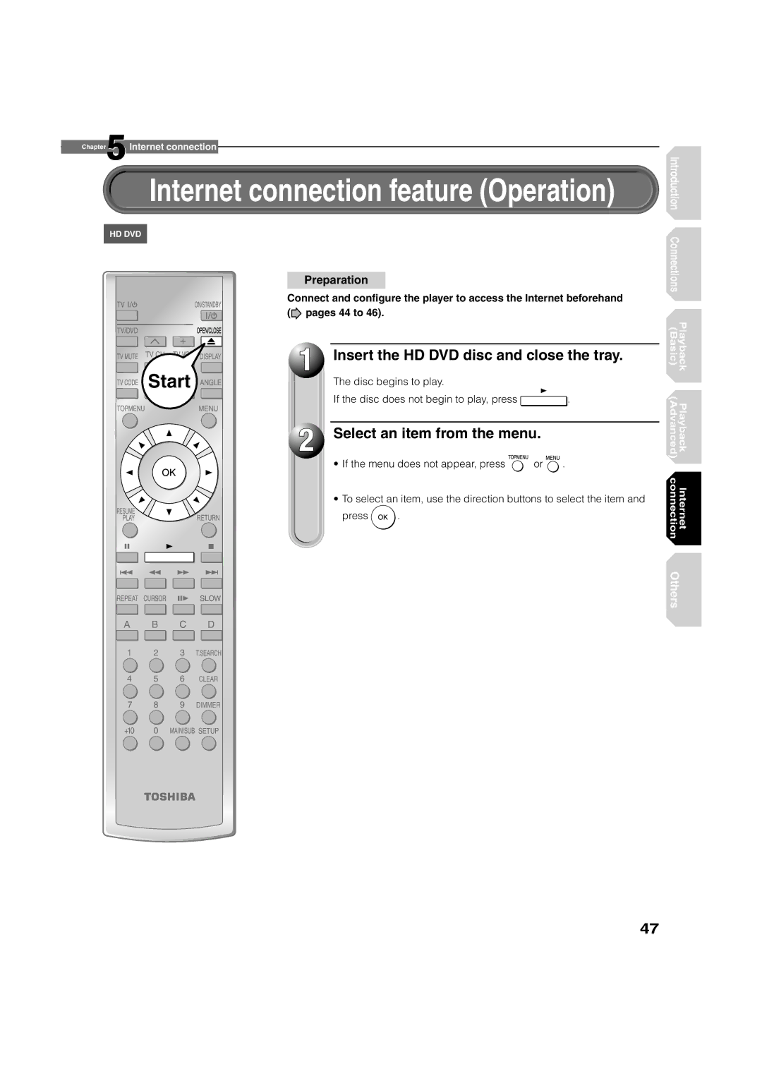 Toshiba HD-A2KC manual Insert the HD DVD disc and close the tray, Select an item from the menu 