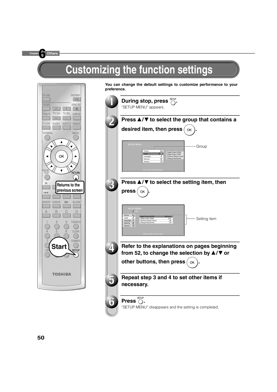 Toshiba HD-A2KC manual Customizing the function settings, During stop, press, Press / to select the setting item, then 