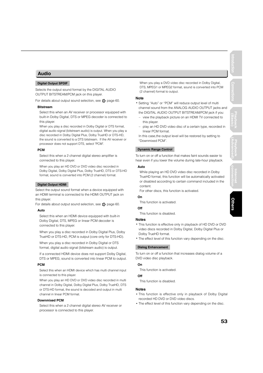 Toshiba HD-A2KC manual Audio, Bitstream, Downmixed PCM 