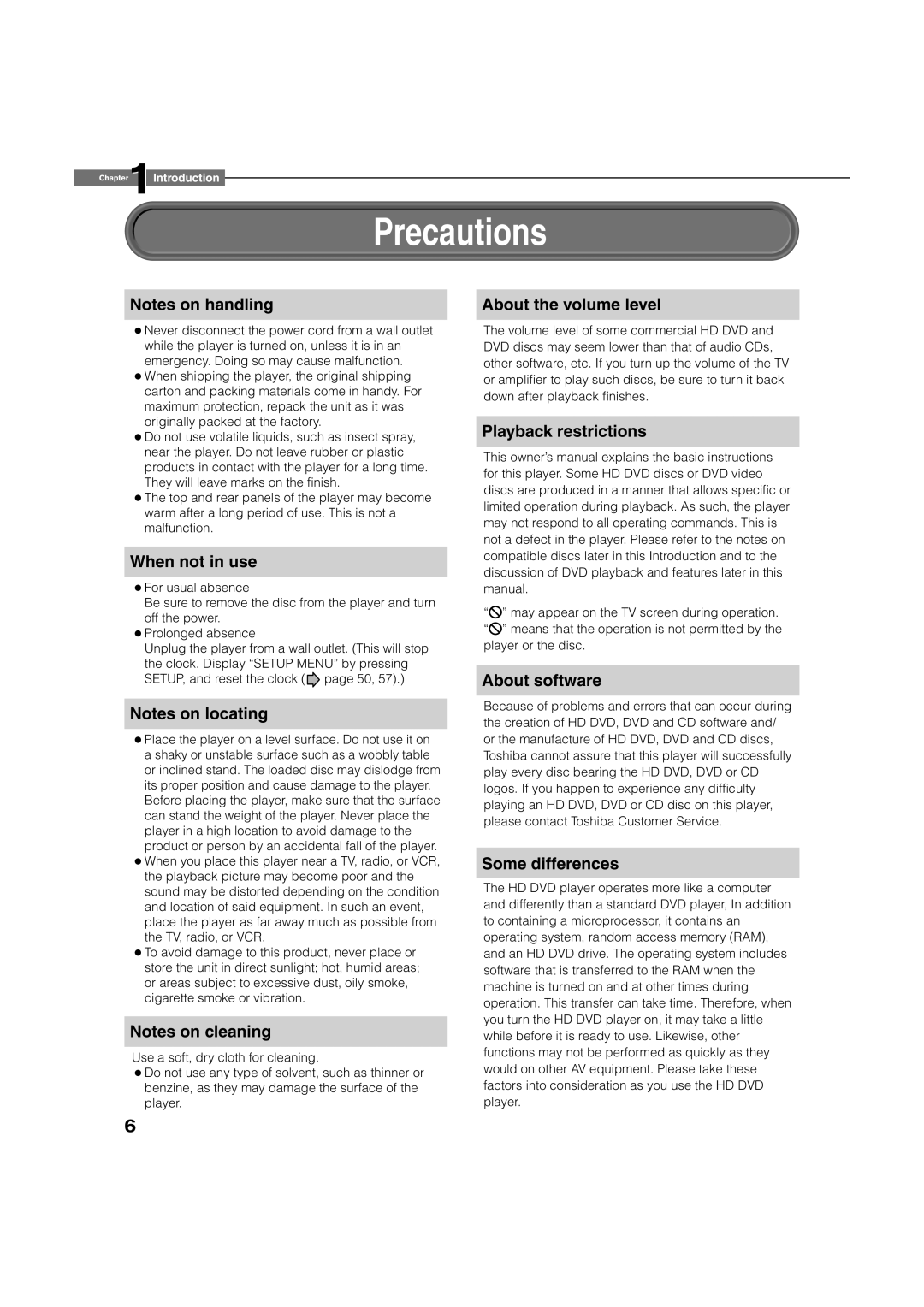 Toshiba HD-A2KC manual Precautions 