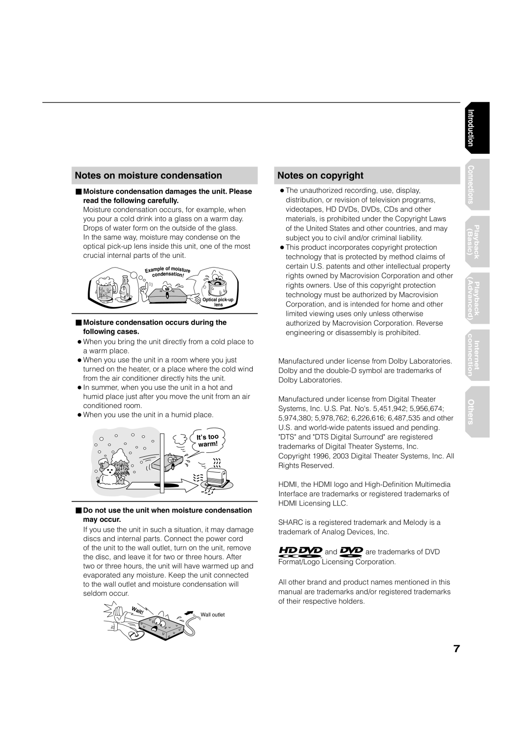 Toshiba HD-A2KC manual Moisture condensation occurs during the following cases 