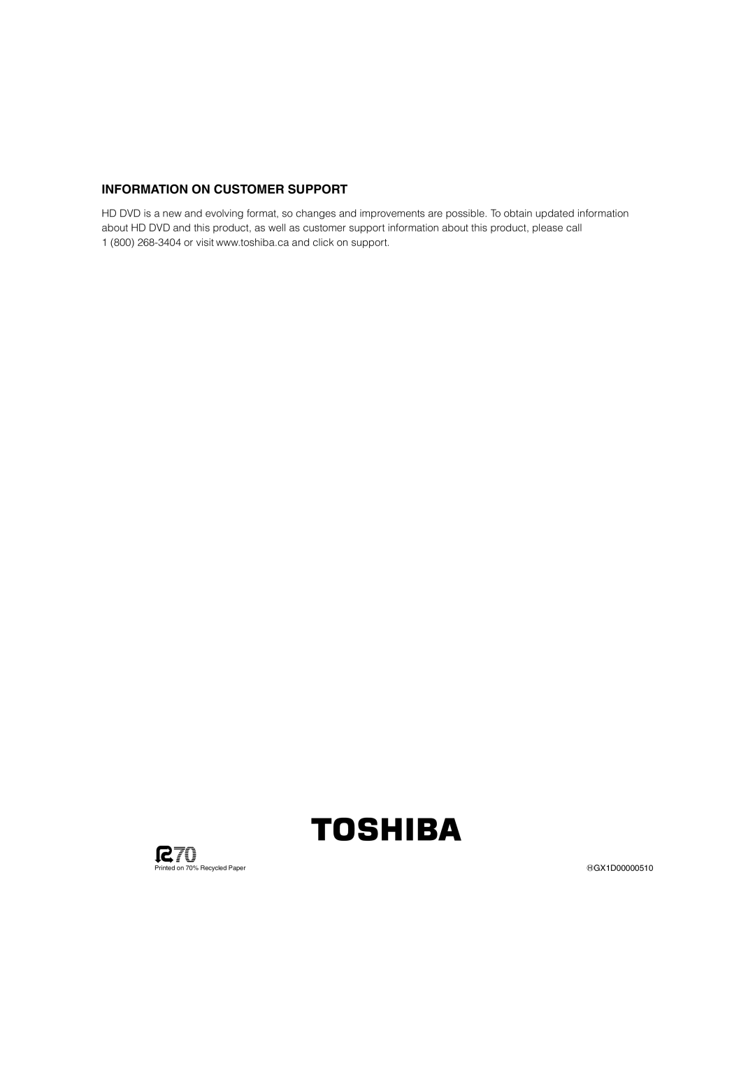 Toshiba HD-A2KC manual Information on Customer Support 