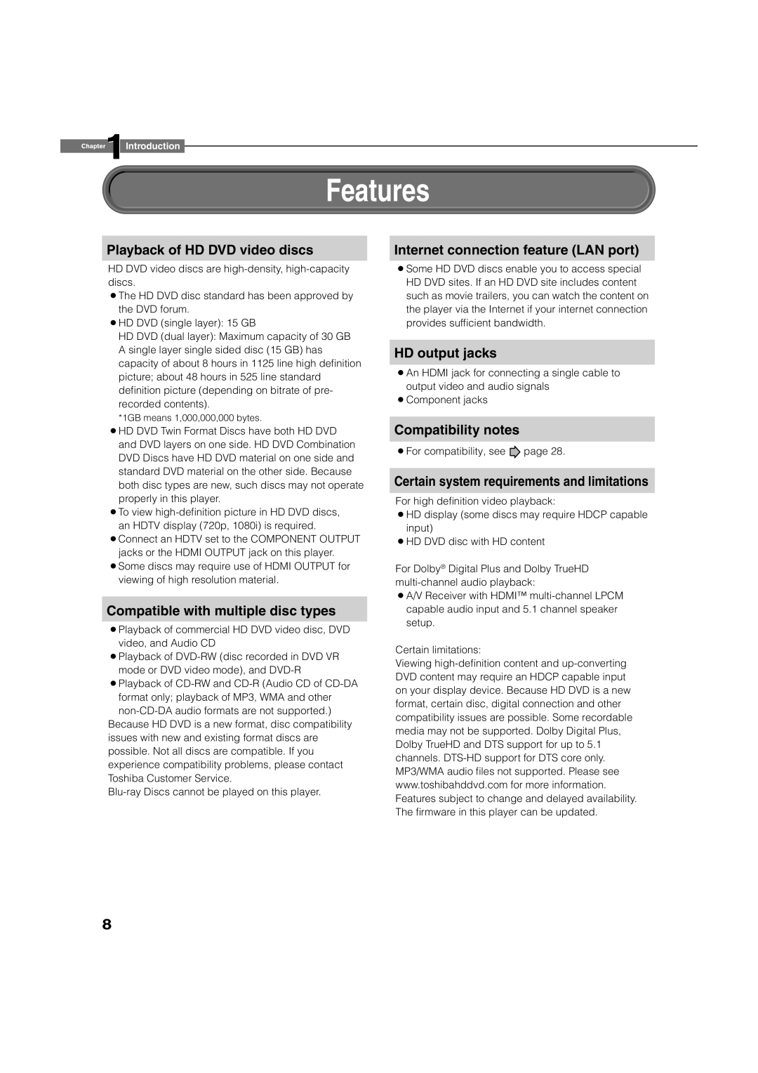 Toshiba HD-A2KC manual Features 