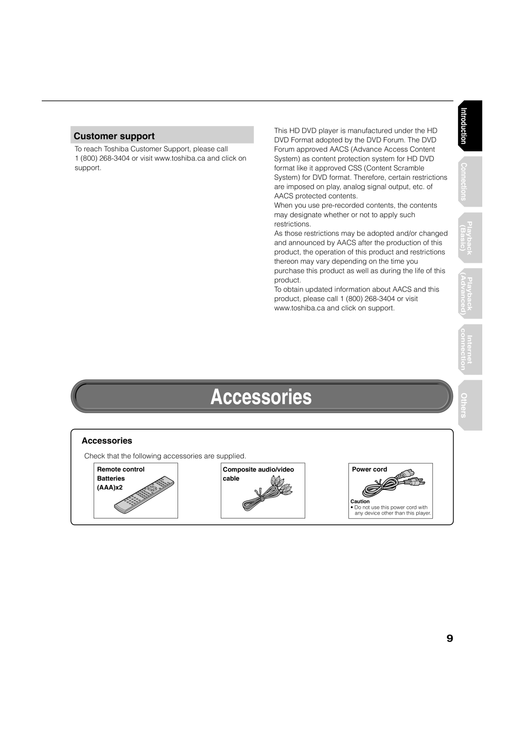 Toshiba HD-A2KC manual Accessories, Customer support 