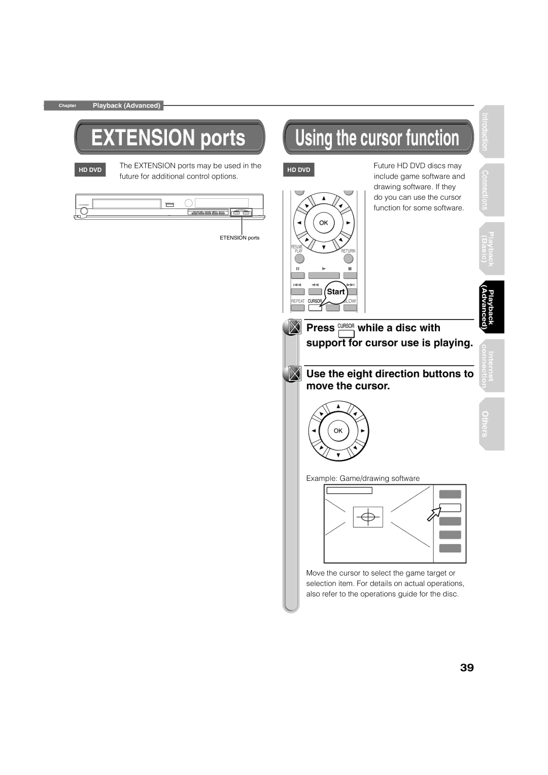 Toshiba HD-A2KU manual Extension ports, Press While a disc with Support for cursor use is playing, Move the cursor 