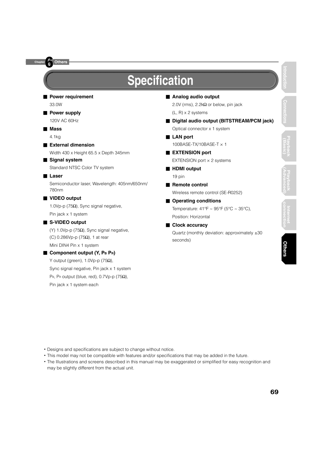 Toshiba HD-A2KU manual Speciﬁcation, Video output Operating conditions 