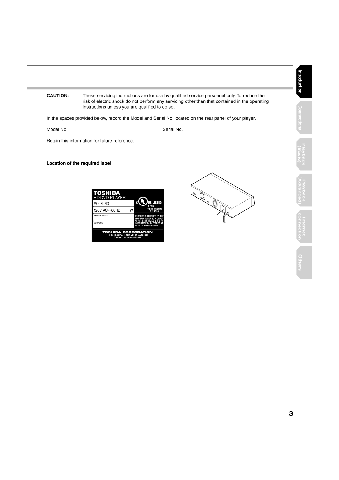 Toshiba HD-A2WKU manual Location of the required label 