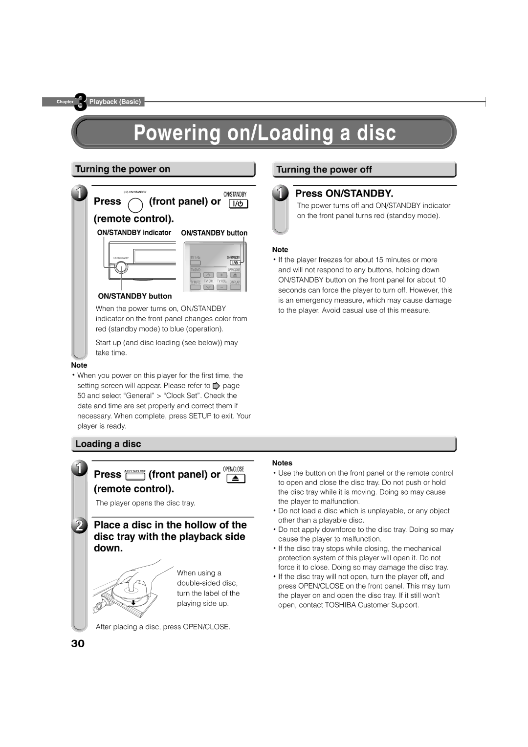 Toshiba HD-A2WKU manual Powering on/Loading a disc, Press front panel or remote control, Down, Press ON/STANDBY 