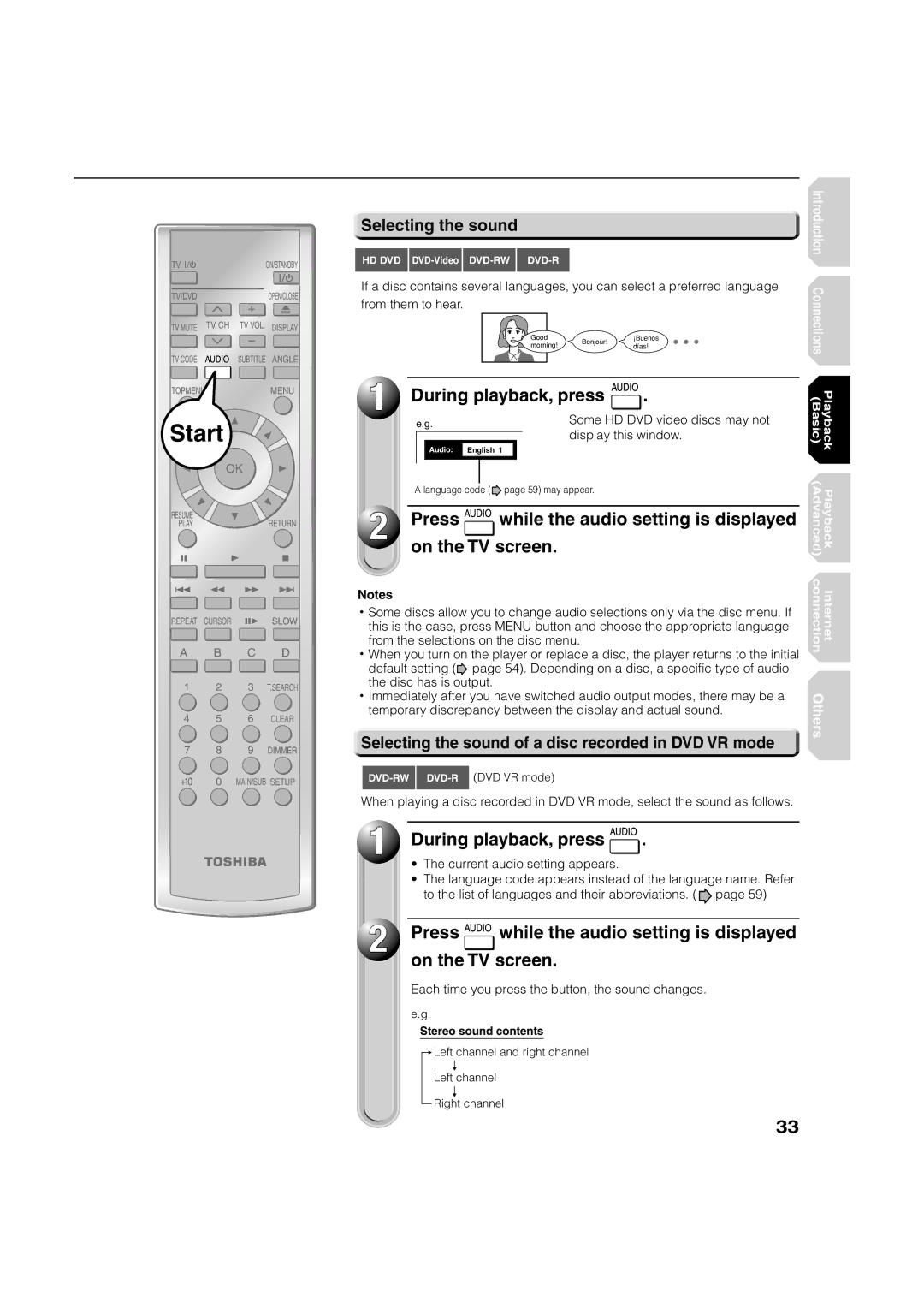 Toshiba HD-A2WKU During playback, press, Press while the audio setting is displayed On the TV screen, Selecting the sound 