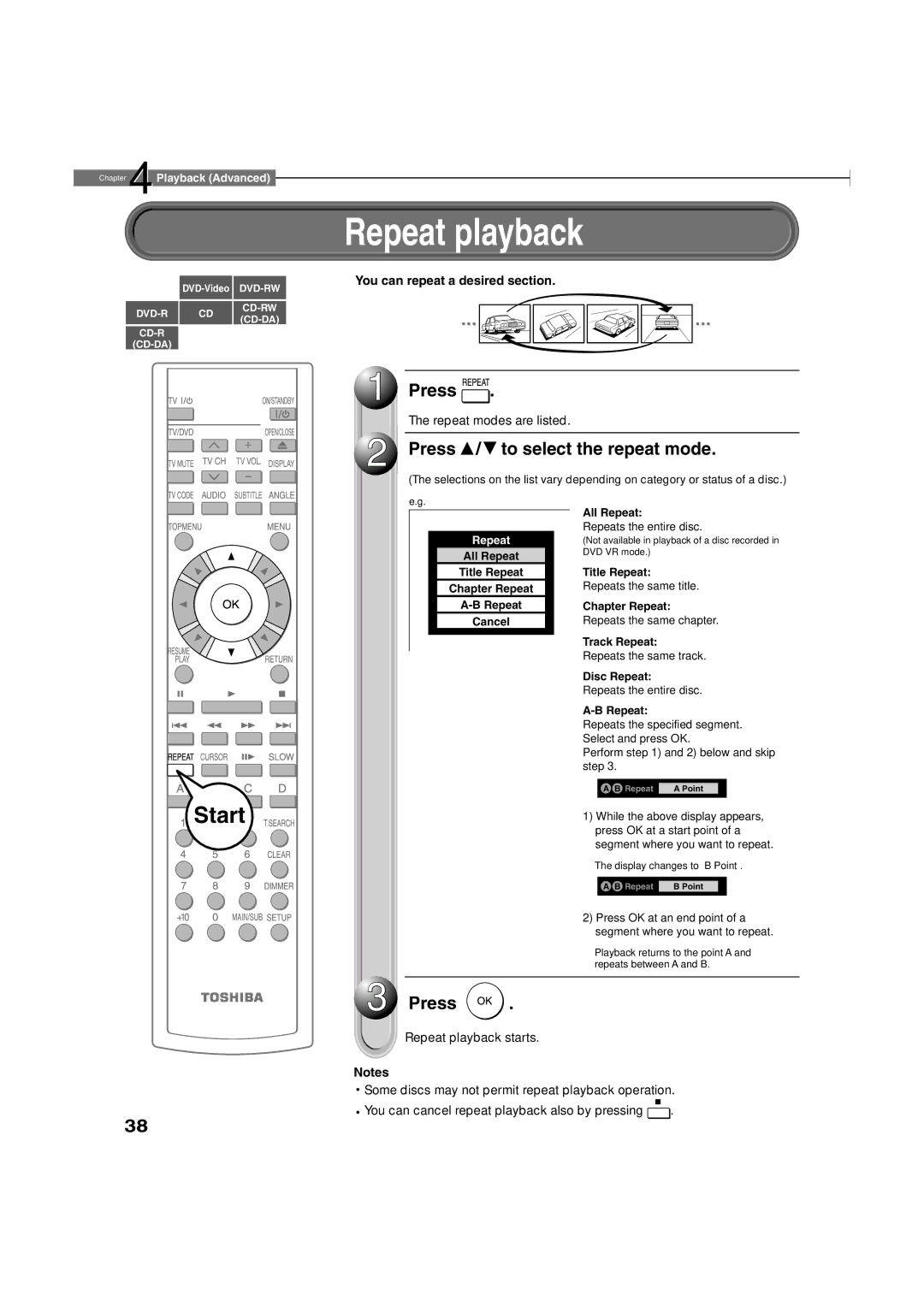 Toshiba HD-A2WKU manual Repeat playback, Press To select the repeat mode, You can repeat a desired section 