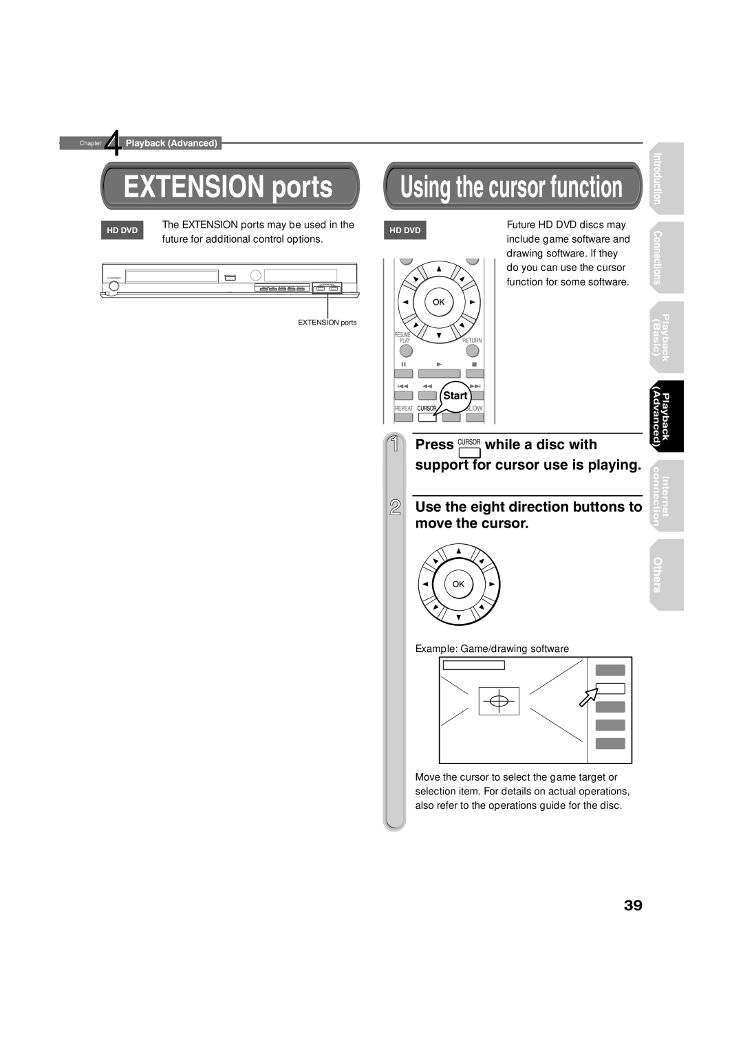 Toshiba HD-A2WKU manual Extension ports, Press While a disc with Support for cursor use is playing, Move the cursor 