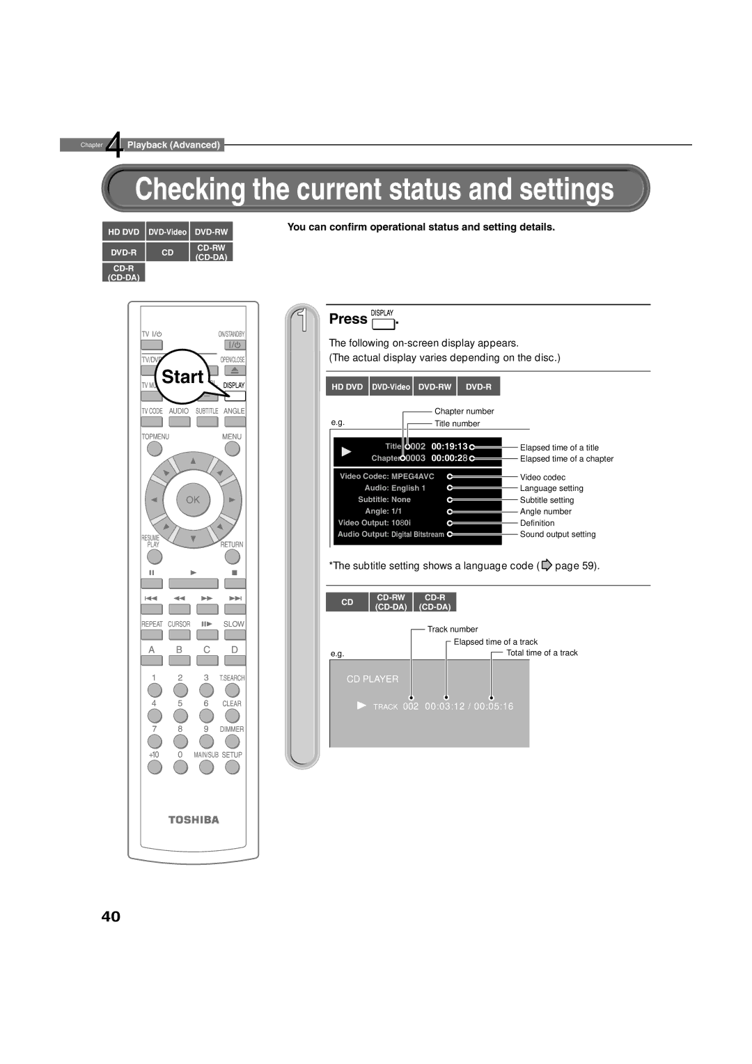 Toshiba HD-A2WKU manual Checking the current status and settings, You can conﬁrm operational status and setting details 