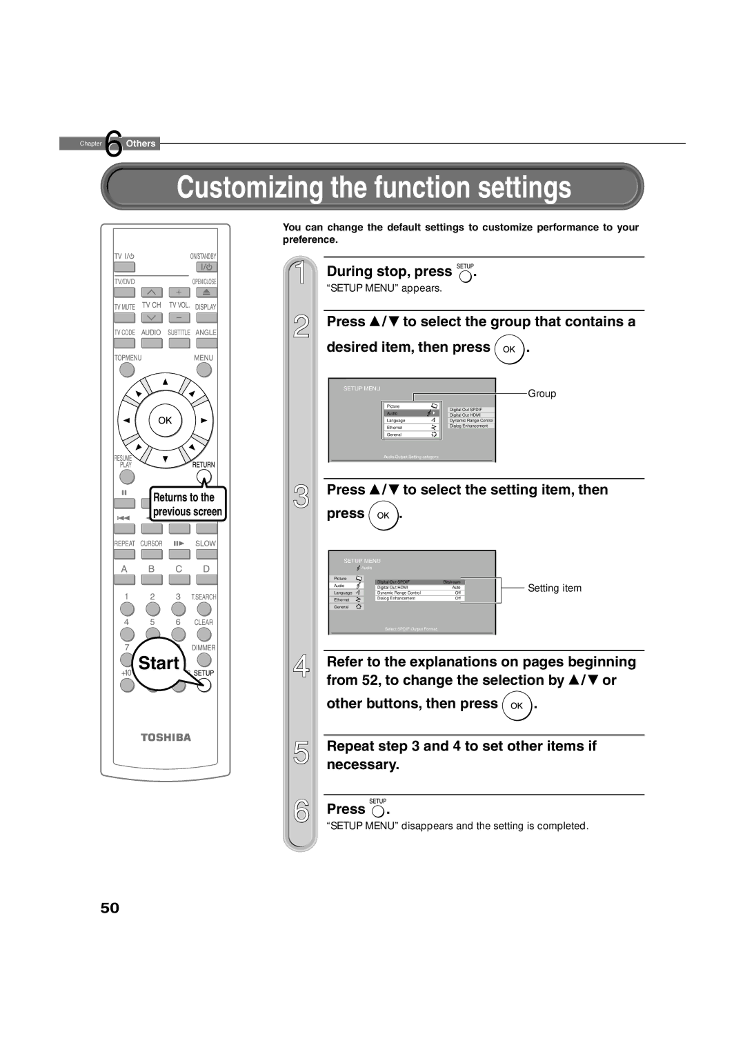 Toshiba HD-A2WKU manual Customizing the function settings, During stop, press, Press / to select the setting item, then 