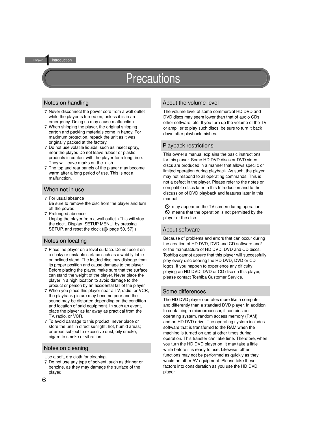 Toshiba HD-A2WKU manual Precautions 