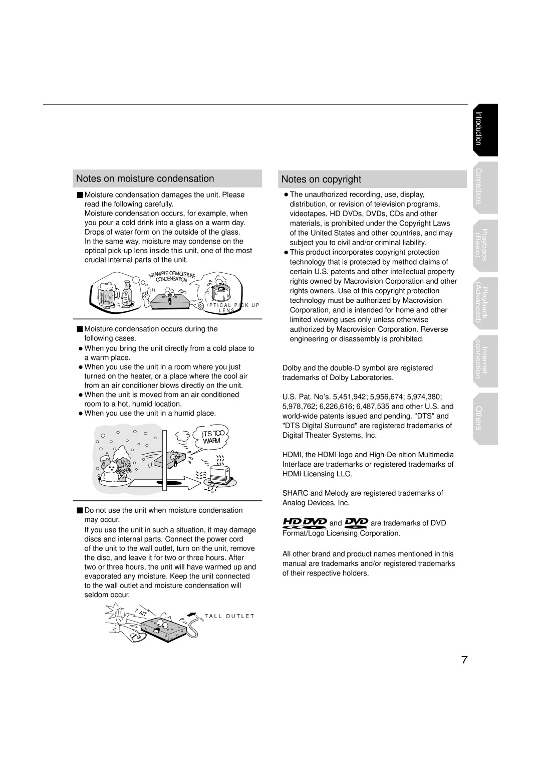 Toshiba HD-A2WKU manual Moisture condensation occurs during the following cases 