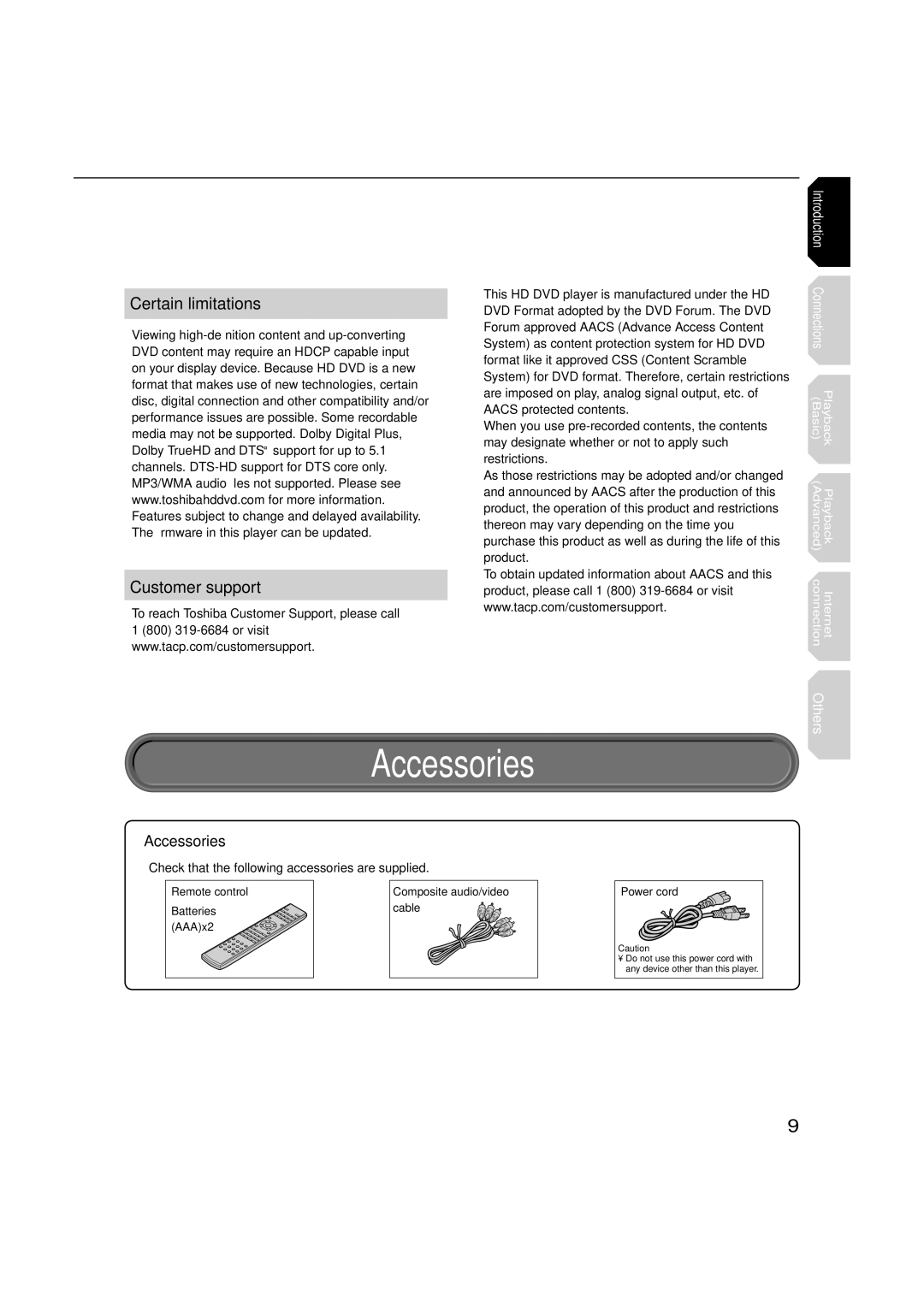 Toshiba HD-A2WKU manual Accessories, Certain limitations Customer support 