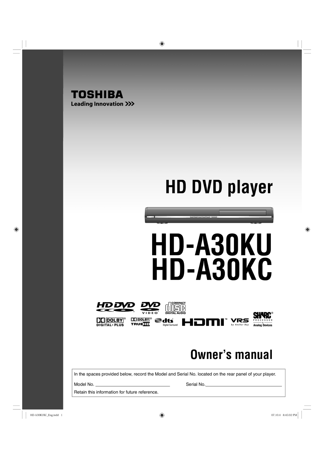 Toshiba owner manual HD-A30KU HD-A30KC 