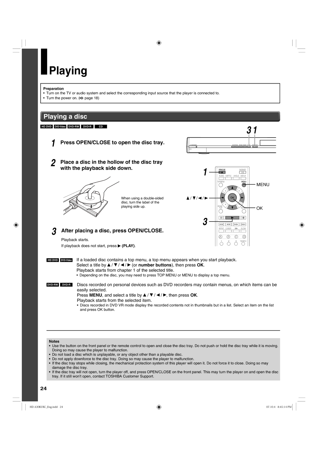 Toshiba HD-A30KC owner manual Playing, Playback starts If playback does not start, press Play 