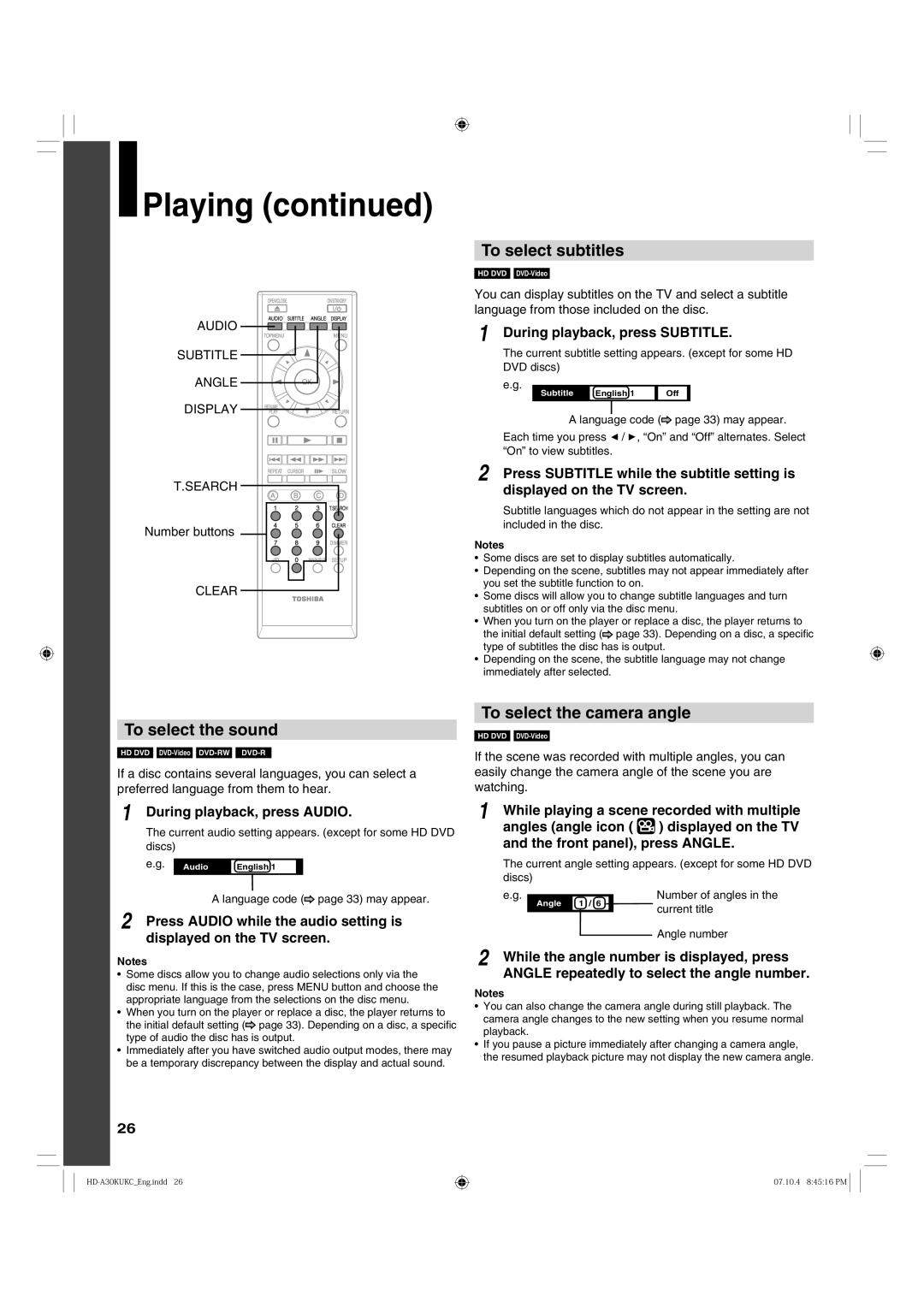 Toshiba HD-A30KC To select subtitles, To select the sound, To select the camera angle, During playback, press Subtitle 