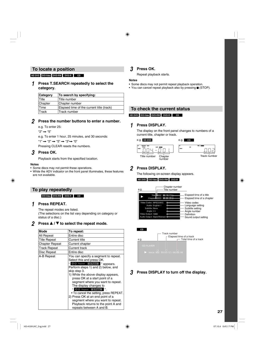 Toshiba HD-A30KC owner manual To locate a position, To play repeatedly, To check the current status 