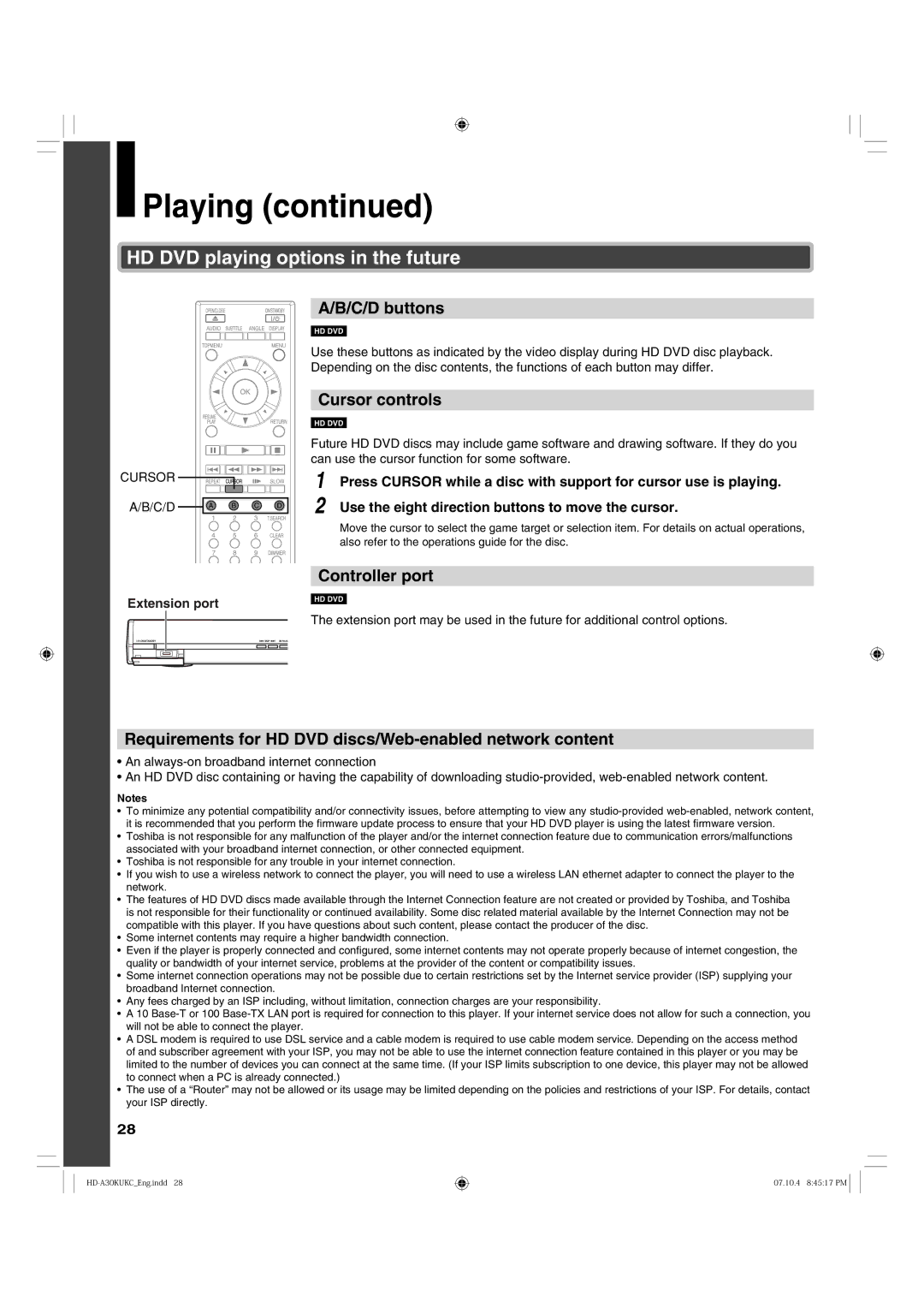 Toshiba HD-A30KC C/D buttons, Cursor controls, Controller port, Requirements for HD DVD discs/Web-enabled network content 