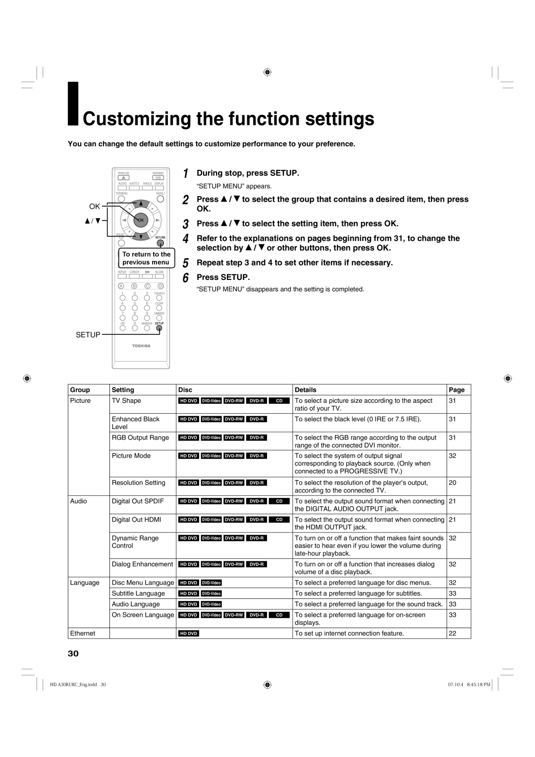 Toshiba HD-A30KC owner manual Customizing the function settings, During stop, press Setup, Setup Menu appears 