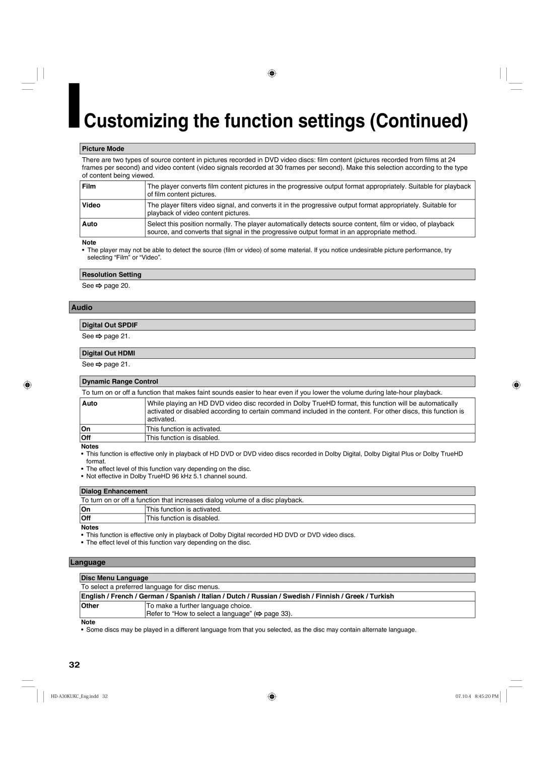 Toshiba HD-A30KC owner manual Audio, Language 