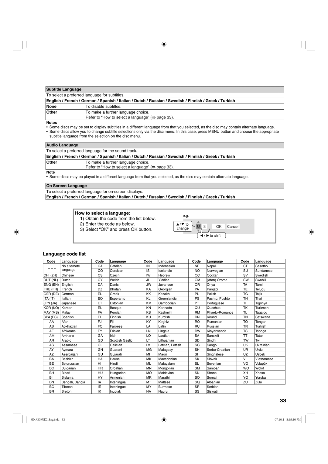 Toshiba HD-A30KC Language code list, How to select a language, Subtitle Language, Audio Language, On Screen Language 