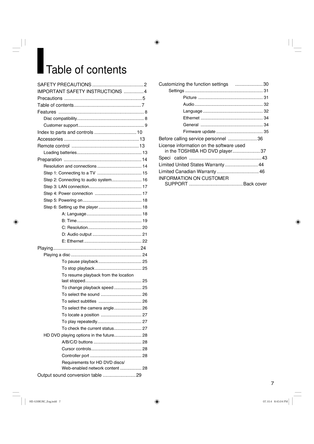 Toshiba HD-A30KC owner manual Table of contents 