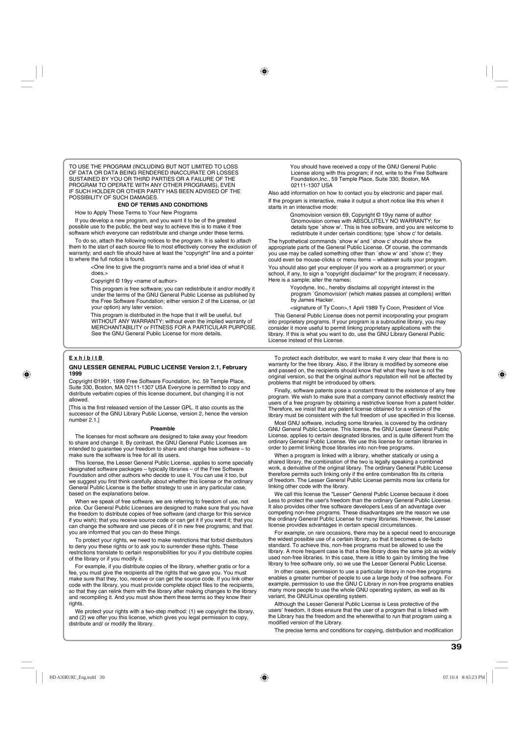 Toshiba HD-A30KC owner manual GNU Lesser General Public License Version 2.1, February 