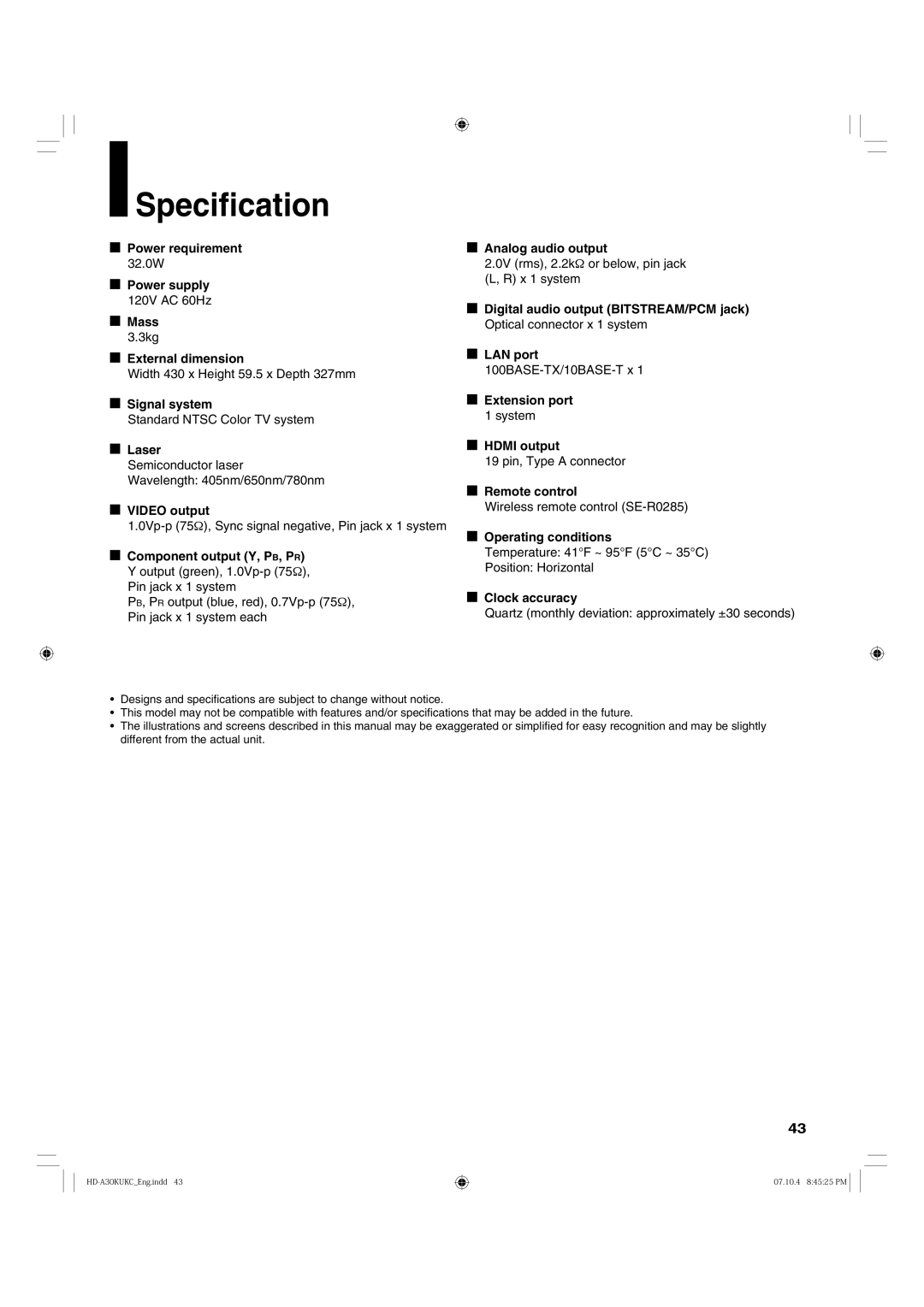 Toshiba HD-A30KC owner manual Speciﬁcation 