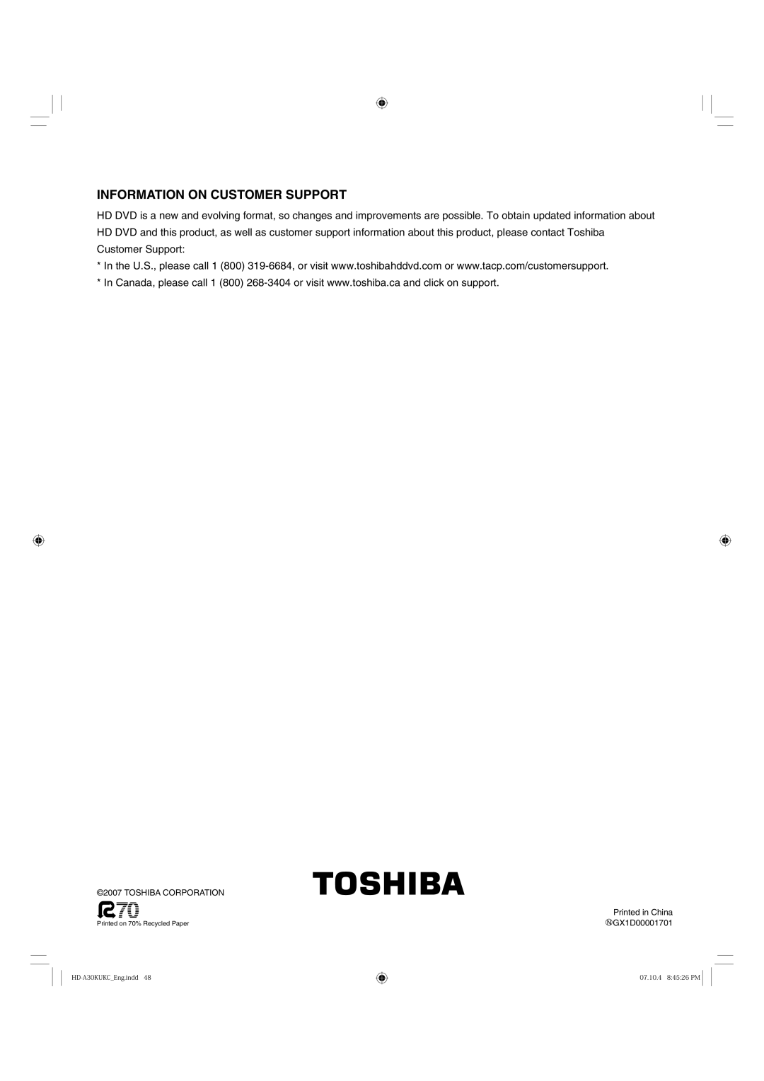 Toshiba HD-A30KC owner manual Information on Customer Support 