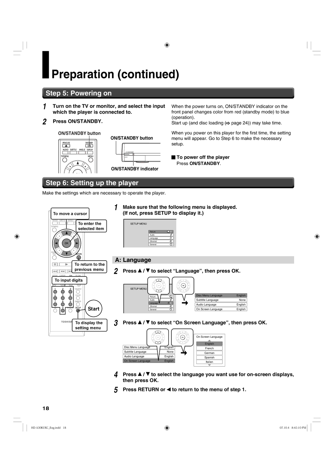 Toshiba HD-A30KC owner manual Preparation, Language 