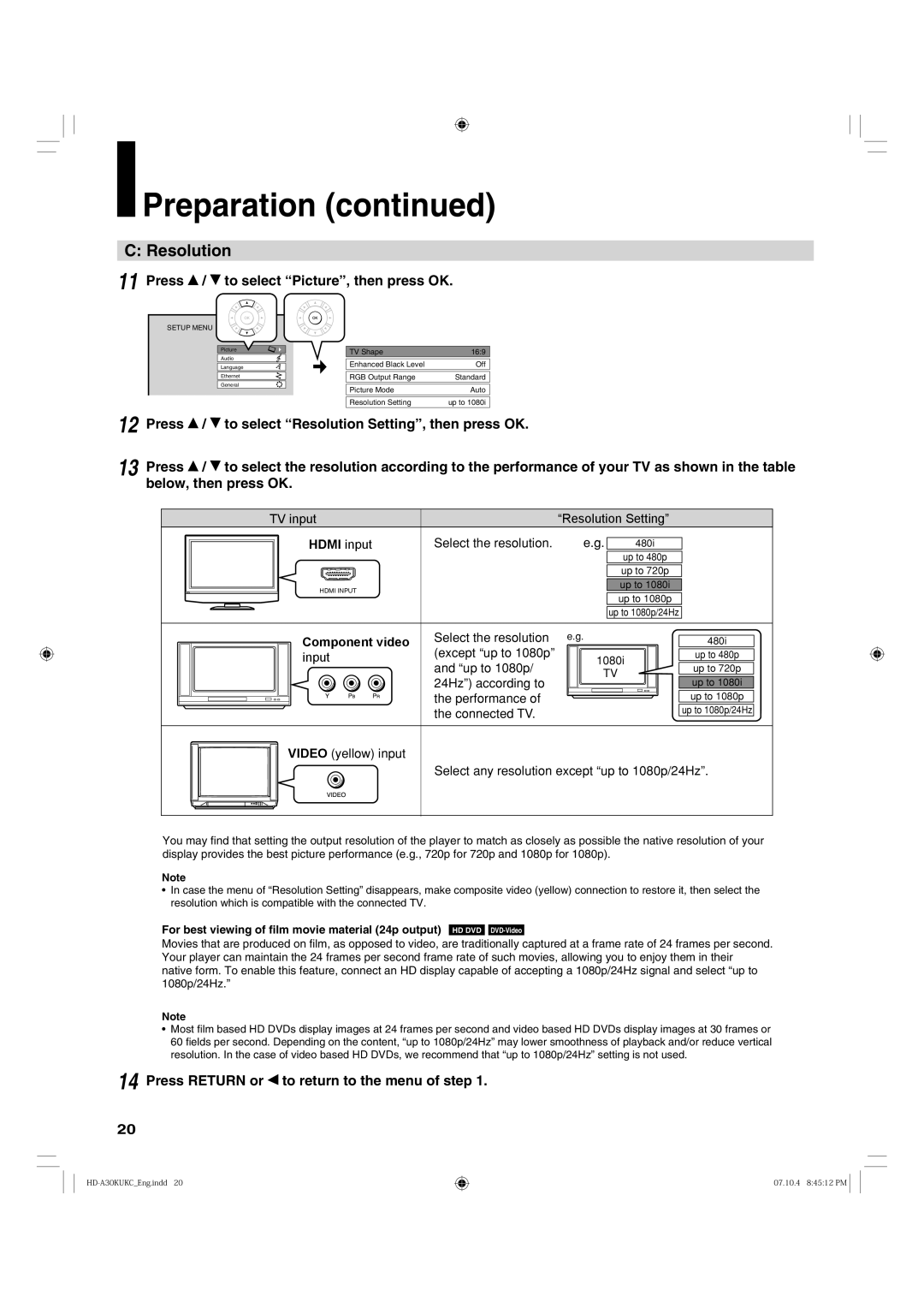 Toshiba HD-A30KC owner manual Press To select Picture, then press OK, Press To select Resolution Setting, then press OK 