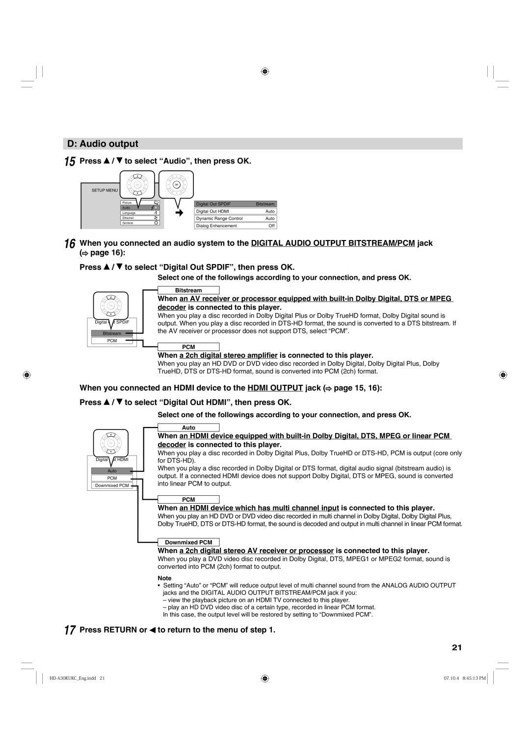 Toshiba HD-A30KC owner manual Audio output, Press / to select Audio, then press OK 