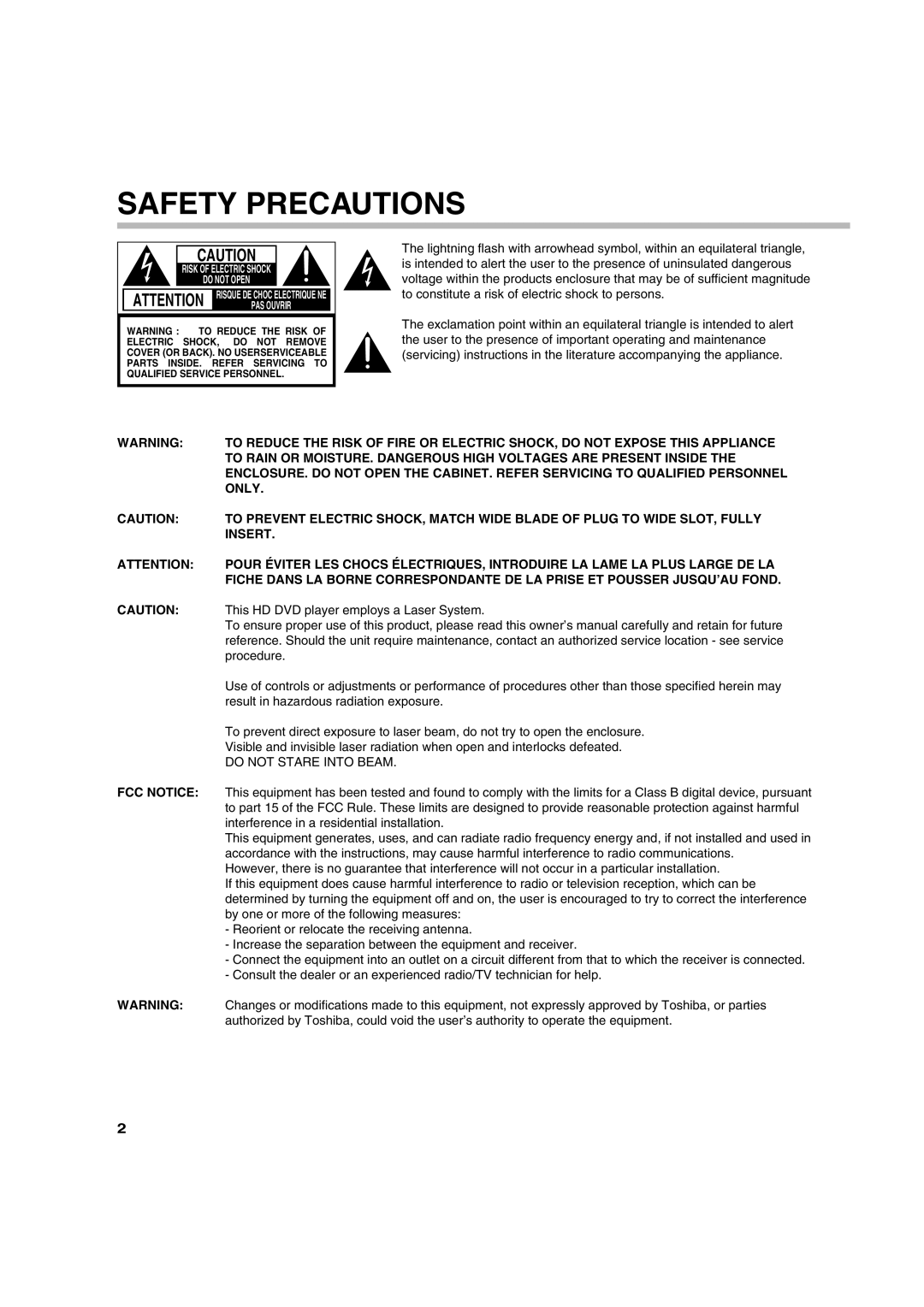 Toshiba HD-A30KU owner manual This HD DVD player employs a Laser System, Procedure, Result in hazardous radiation exposure 