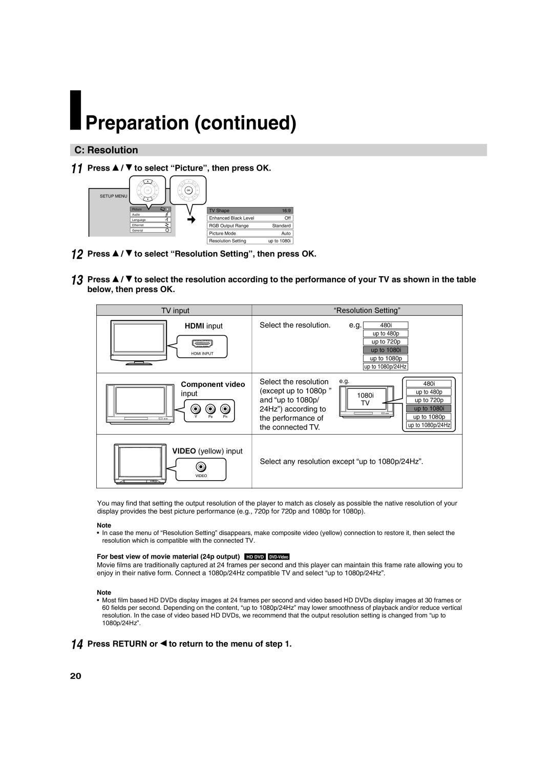 Toshiba HD-A30KU owner manual Press To select Picture, then press OK, Press To select Resolution Setting, then press OK 