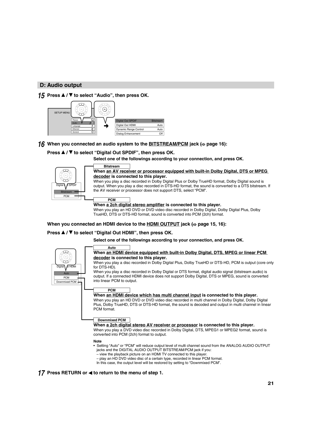 Toshiba HD-A30KU owner manual Audio output, Press / to select Audio, then press OK 