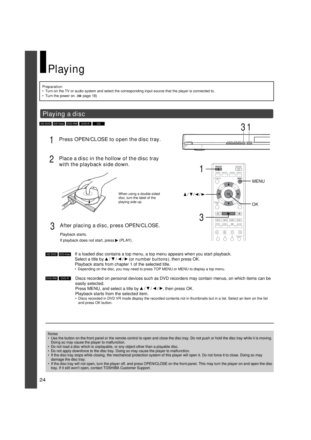 Toshiba HD-A30KU owner manual Playing a disc, Playback starts If playback does not start, press Play 