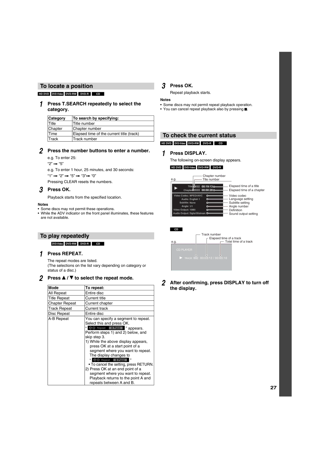 Toshiba HD-A30KU owner manual To locate a position, To play repeatedly, To check the current status 