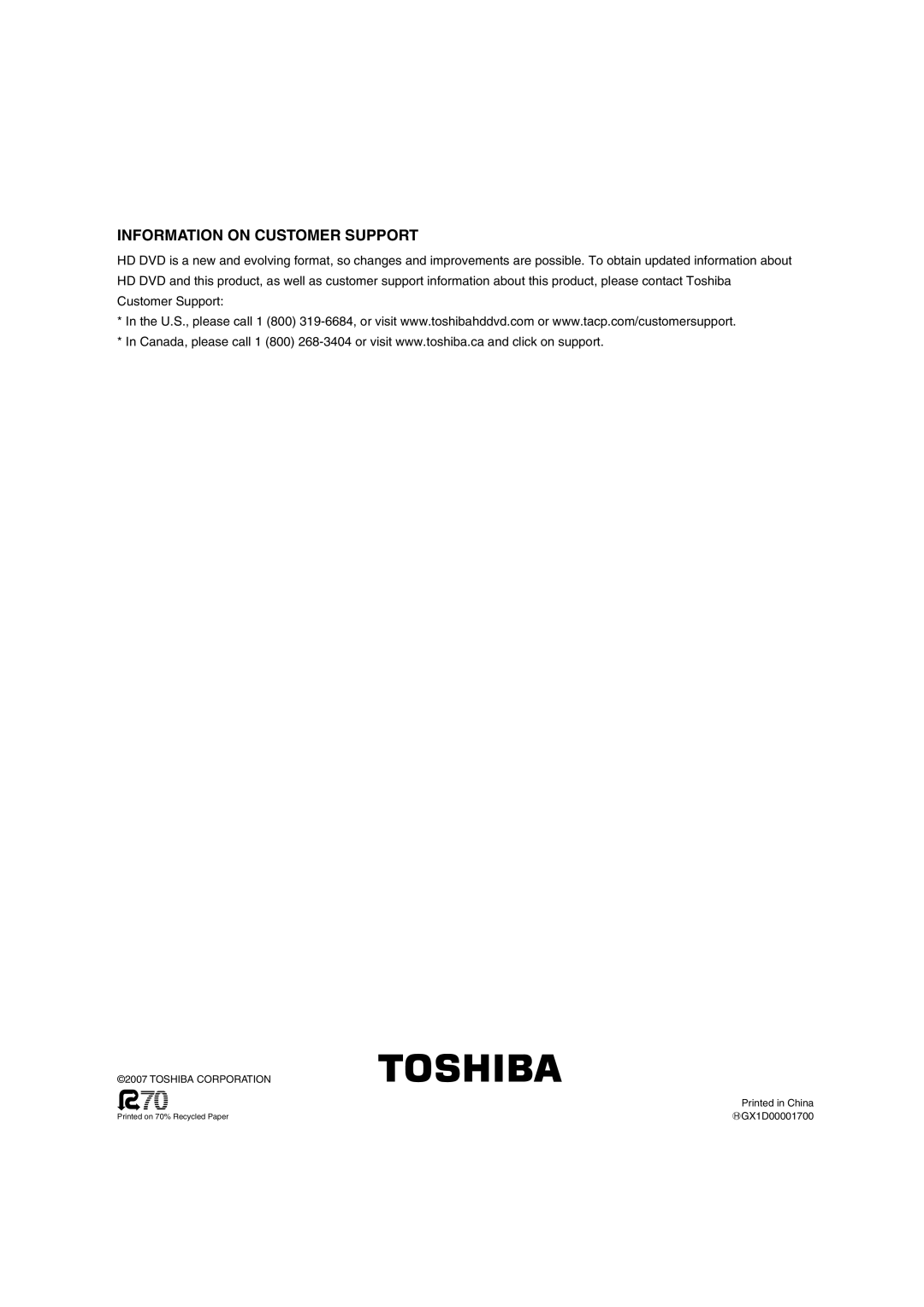 Toshiba HD-A30KU owner manual Information on Customer Support 