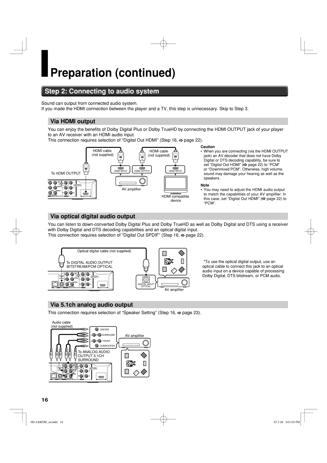 Toshiba HD-A35KU, HD-A35KC owner manual Connecting to audio system, Via Hdmi output, Via optical digital audio output 