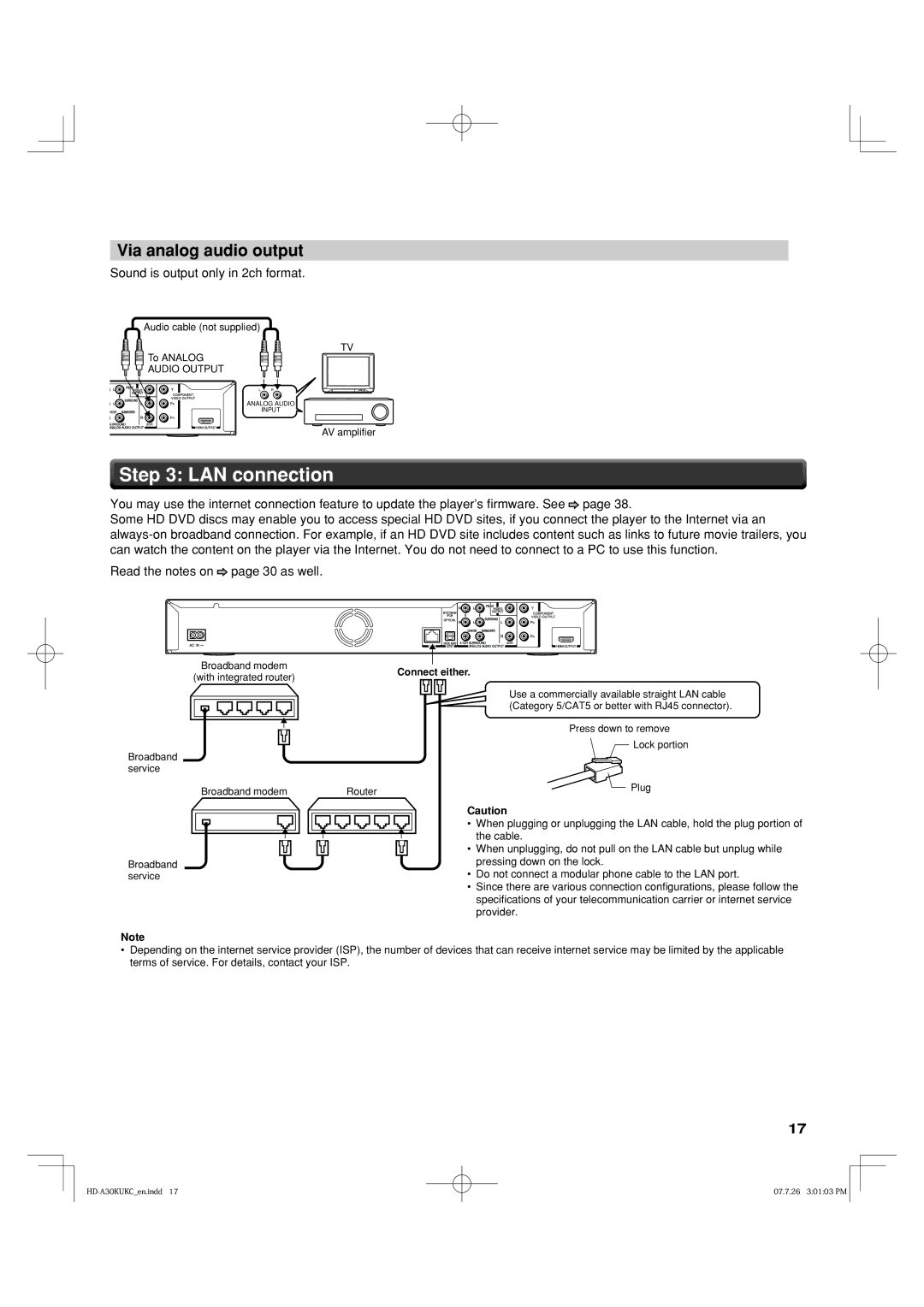 Toshiba HD-A35KC, HD-A35KU owner manual LAN connection, Via analog audio output 