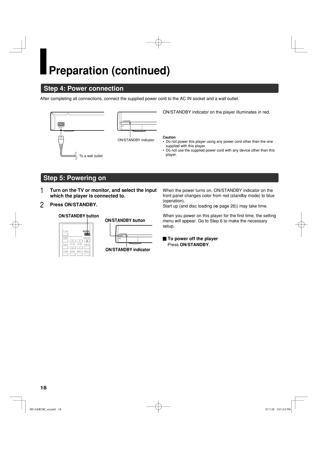 Toshiba HD-A35KU, HD-A35KC owner manual Power connection, Powering on, Which the player is connected to, Press ON/STANDBY 