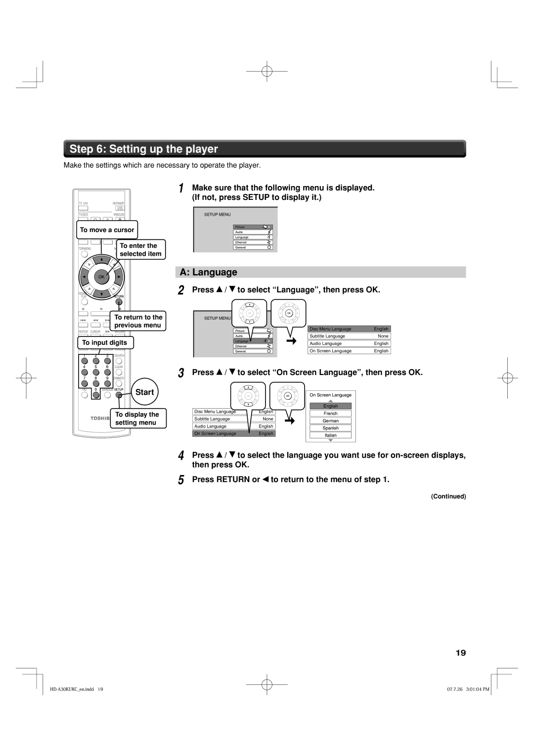 Toshiba HD-A35KC, HD-A35KU owner manual Setting up the player, Language 