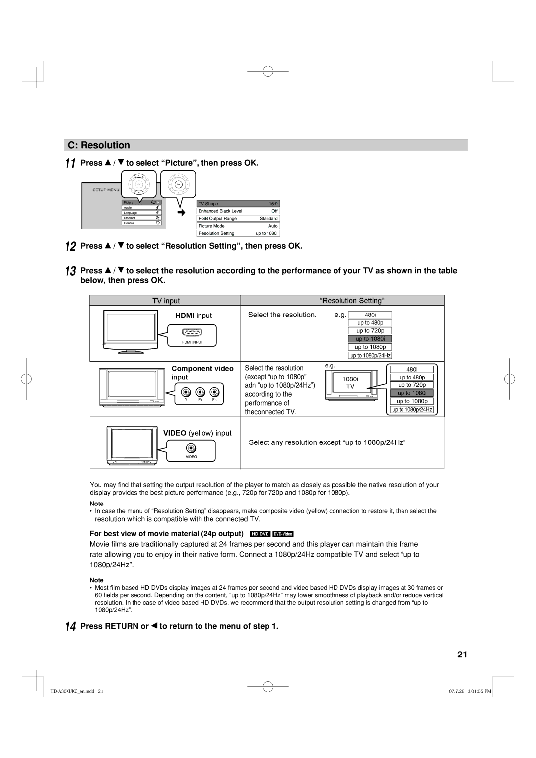 Toshiba HD-A35KC, HD-A35KU Press / to select Picture, then press OK, Press To select Resolution Setting, then press OK 