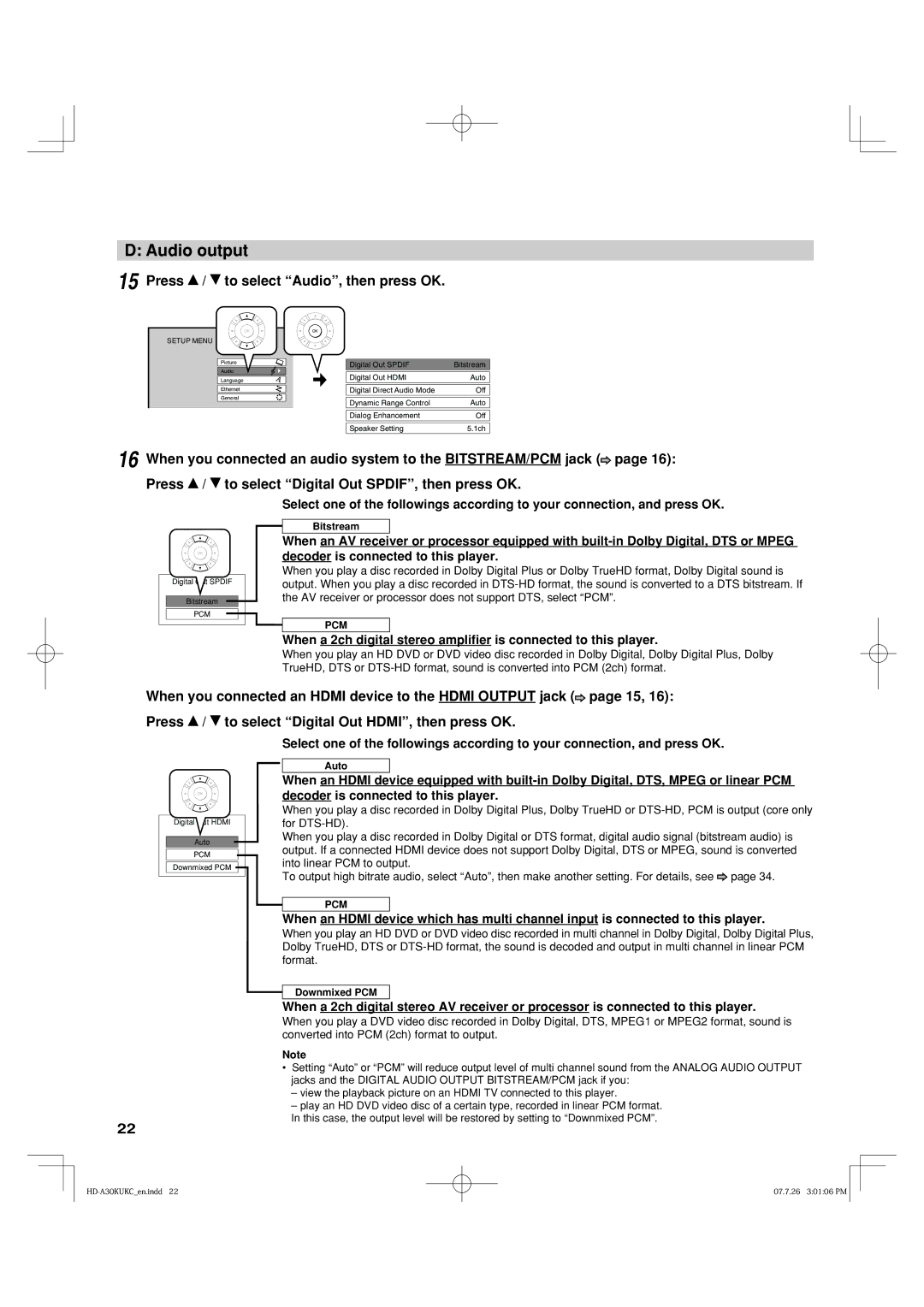 Toshiba HD-A35KU, HD-A35KC owner manual Audio output, Press / to select Audio, then press OK 