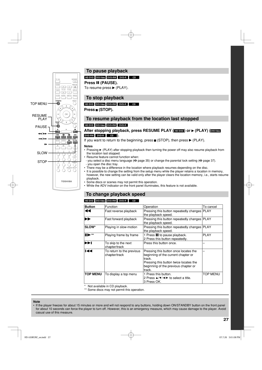 Toshiba HD-A35KC, HD-A35KU To pause playback, To stop playback, To resume playback from the location last stopped 