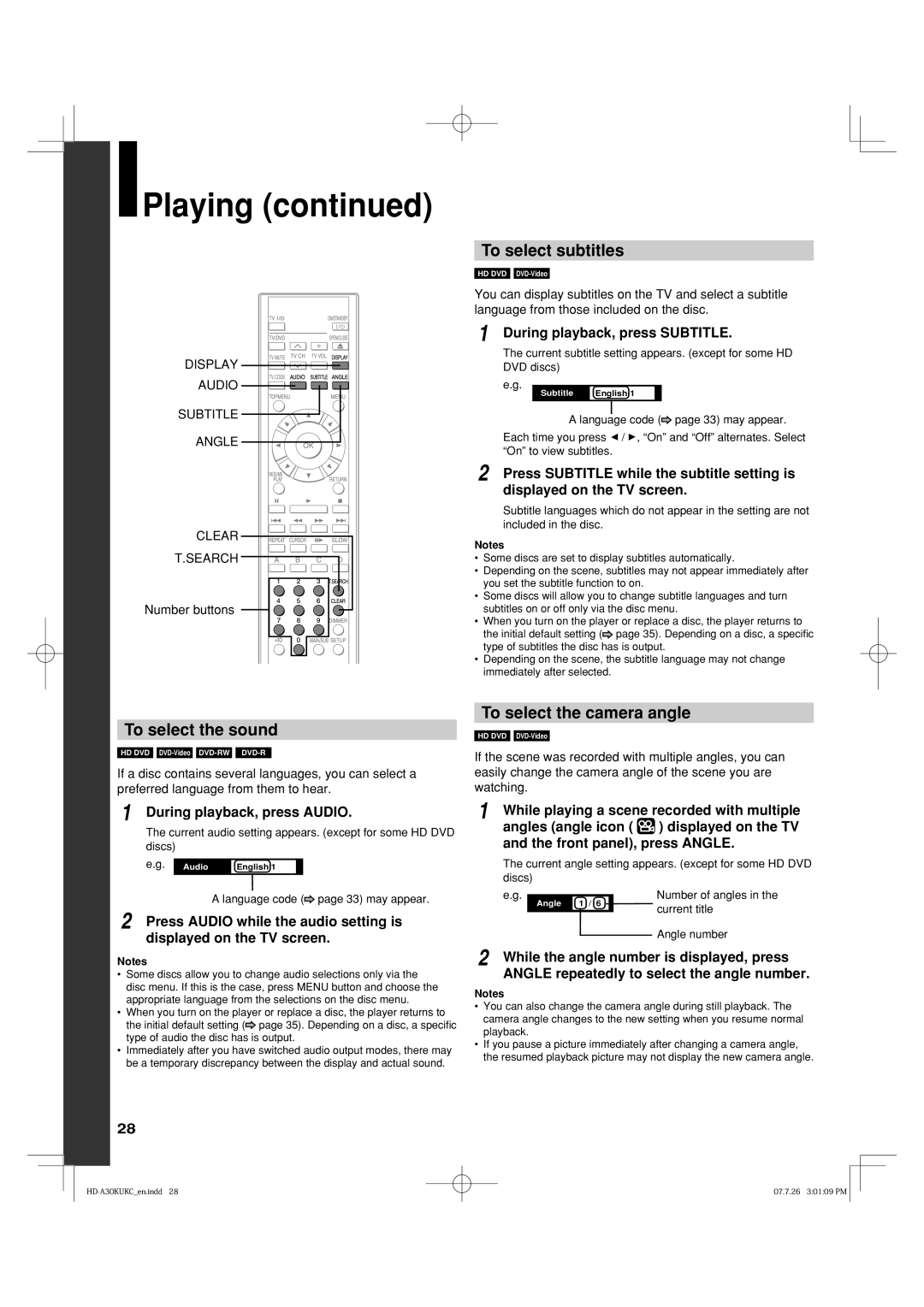 Toshiba HD-A35KU To select subtitles, To select the sound, To select the camera angle, During playback, press Subtitle 