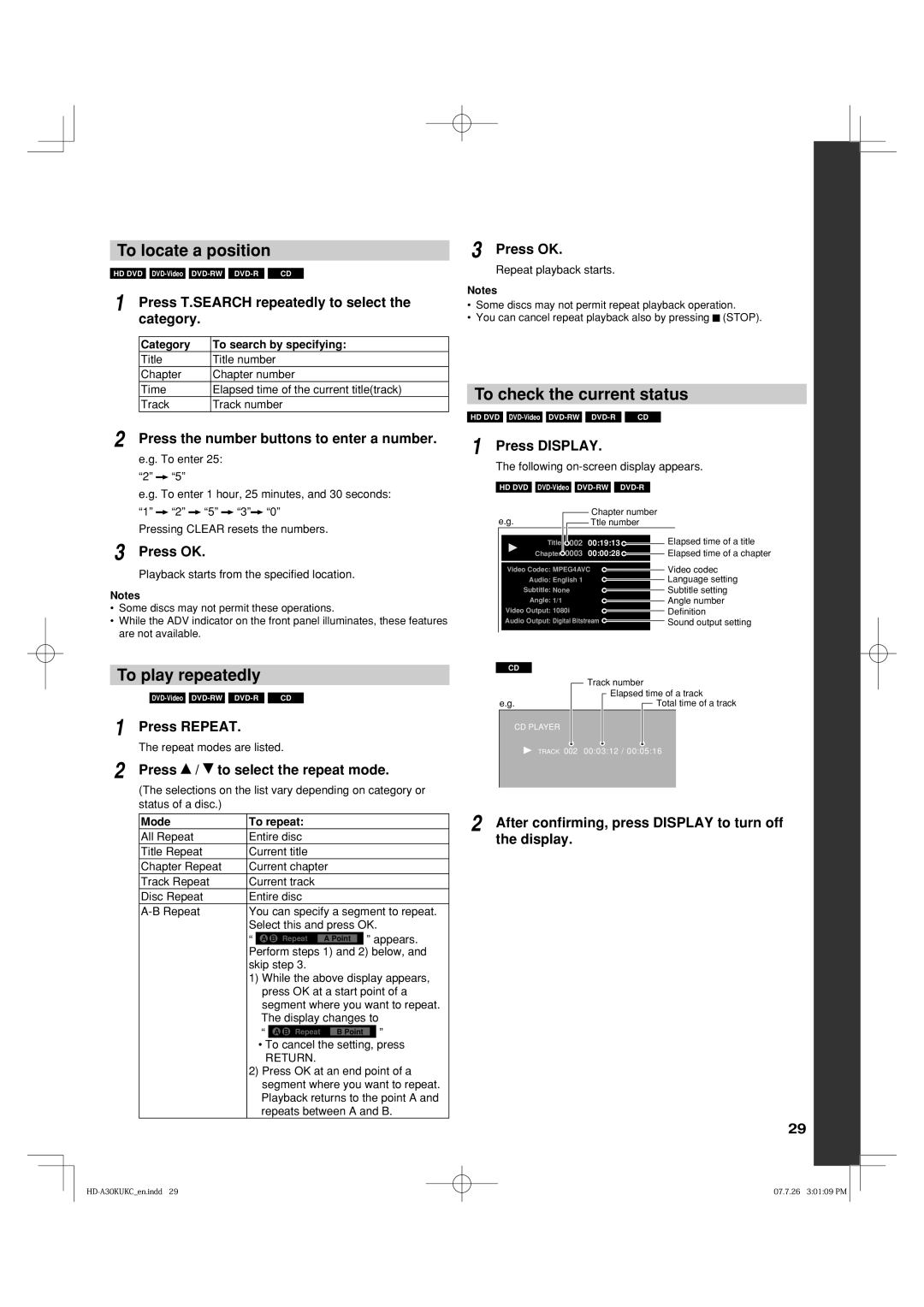 Toshiba HD-A35KC, HD-A35KU owner manual To locate a position, To play repeatedly, To check the current status 